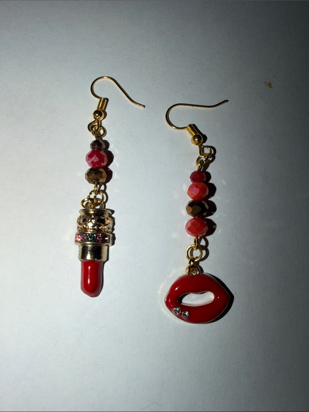 Gold-Tone Red Lipstick & Lip Charm Drop Earrings - Playful Red Dangle